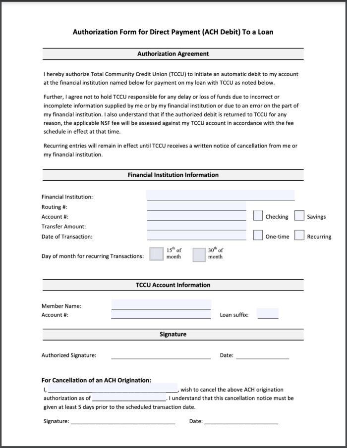 ACH Debit authorization direct deposit Payment Form