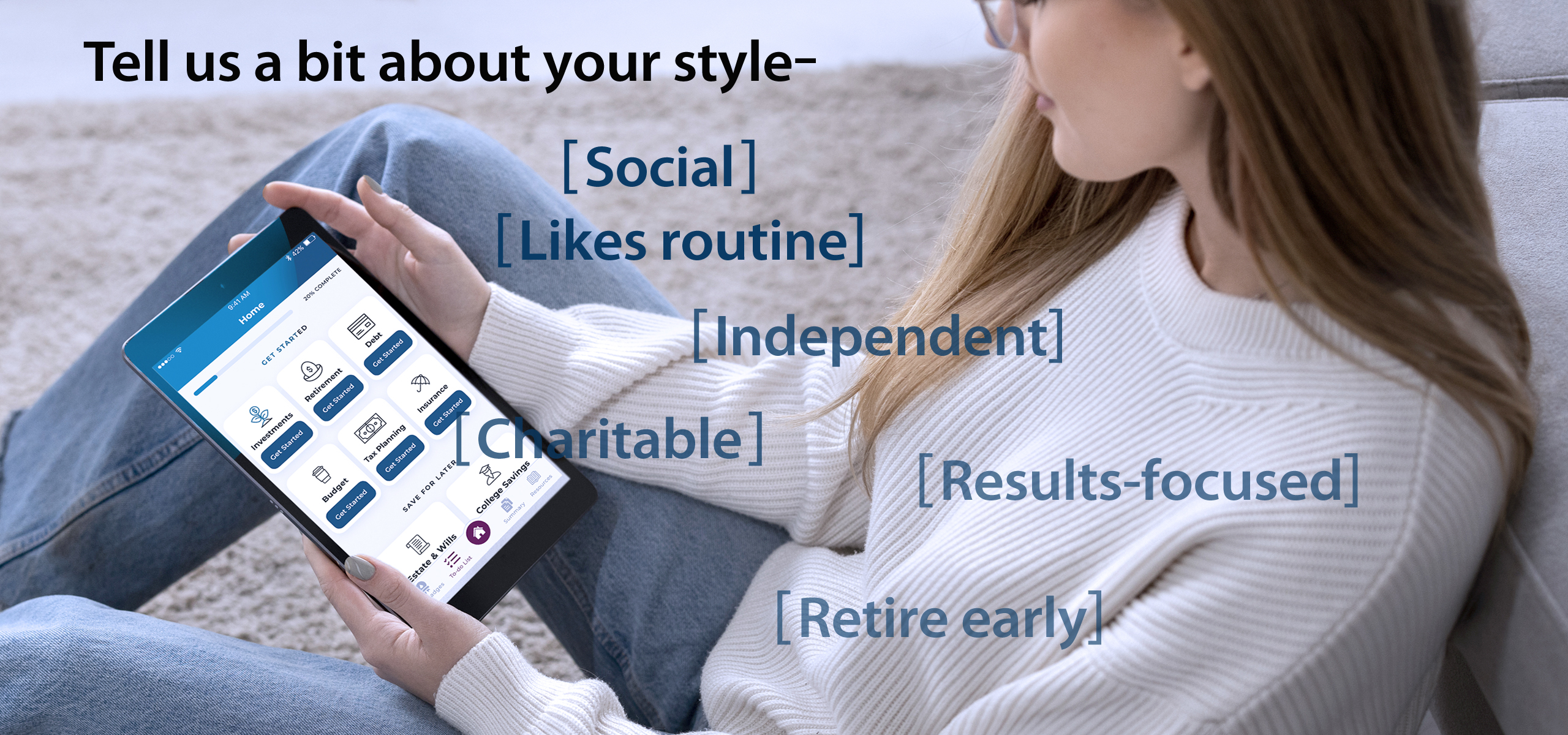 young person sits on floor using tablet for service: My Finance Coach