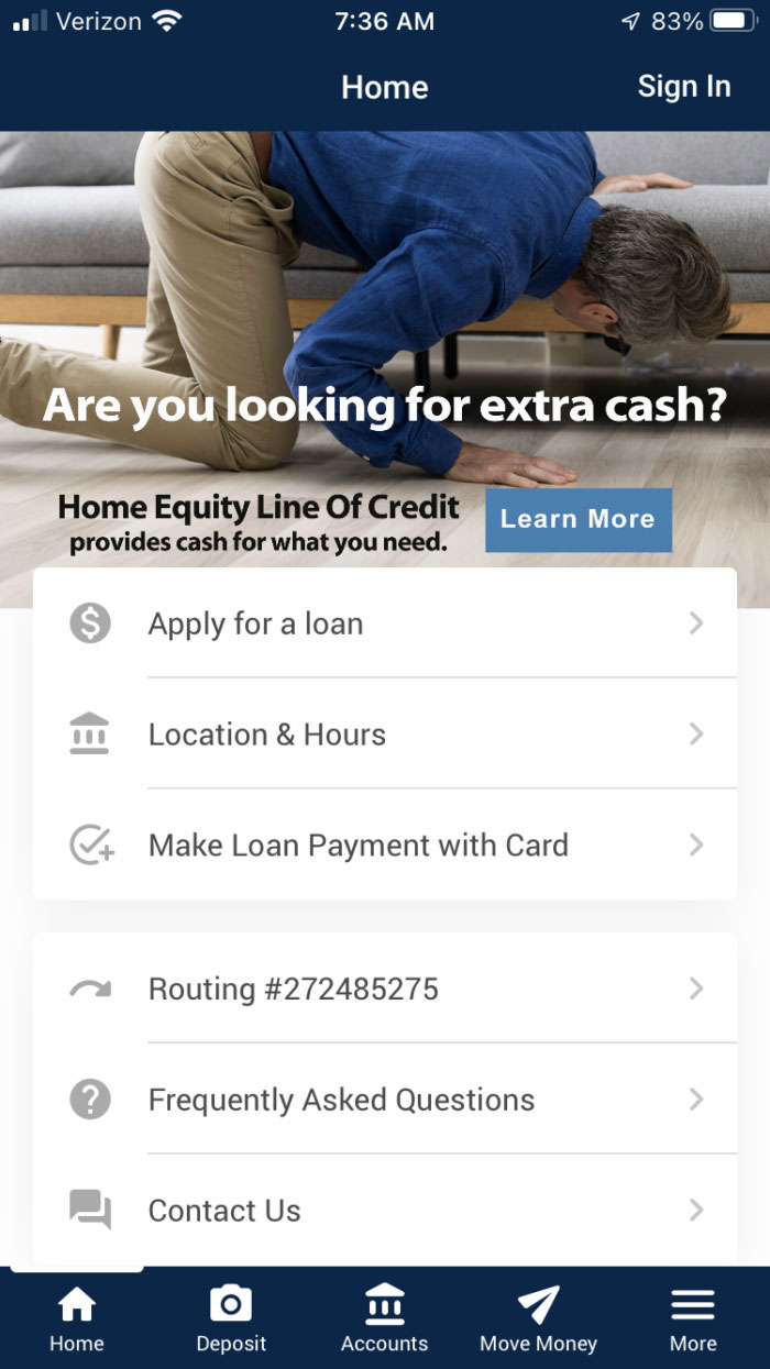 TCCU mobile banking home screen