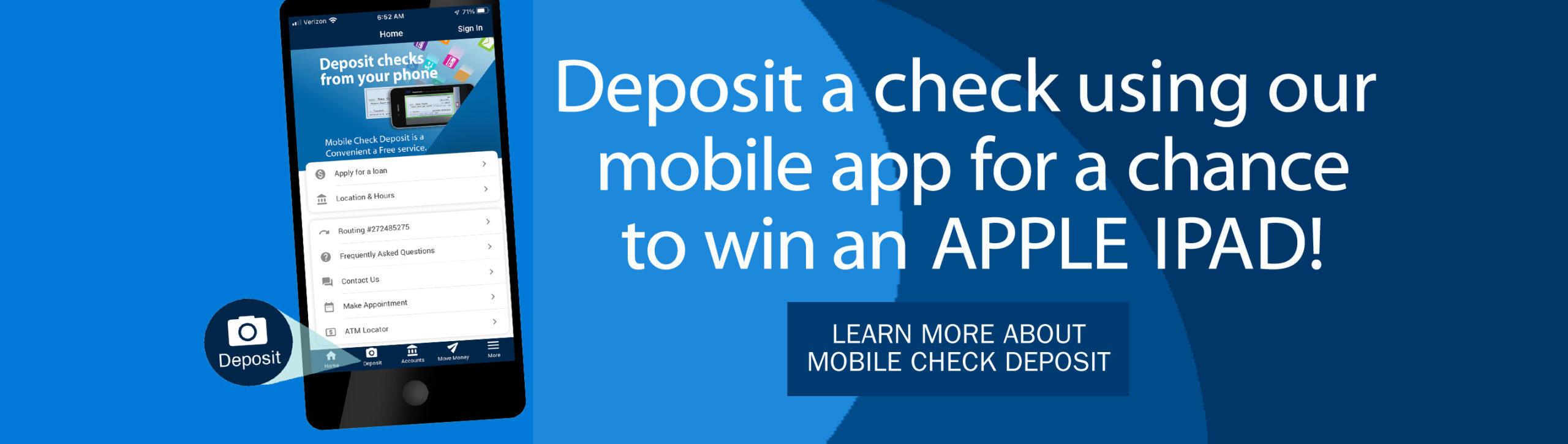 smart phone screen shows location of mobile-check-deposit function