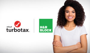happy woman standing next to TurboTax logo and H&R Block logo