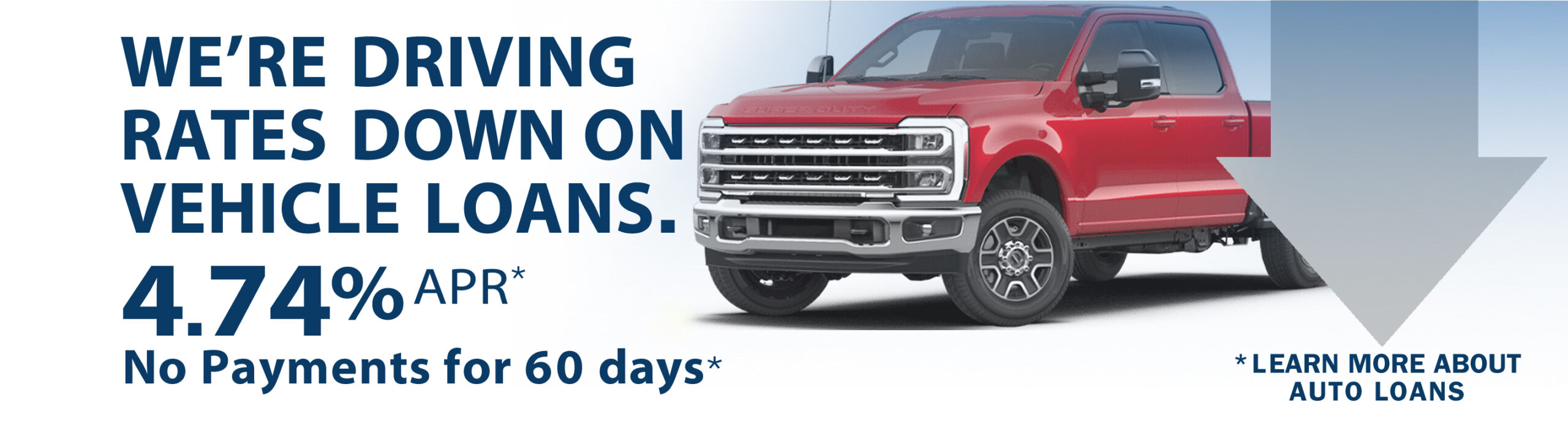 We're driving rates down on vehicle loans. 4.74% APR* No payments for 60 days. Learn more