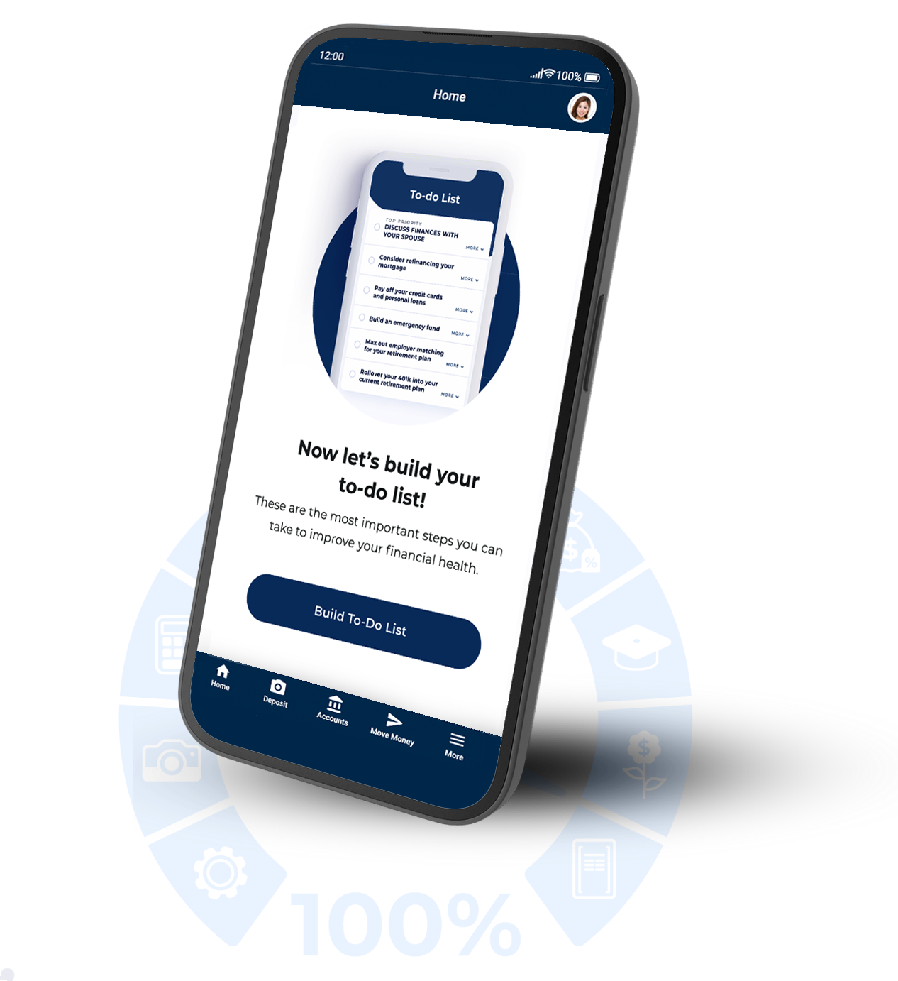 mobile phone with finance coach screen- to do list.