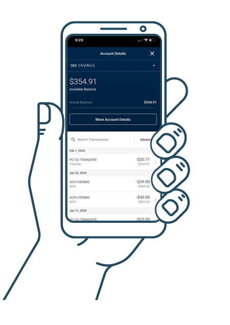 hand holds phone. Screen shows TCCU mobile banking savings account summary