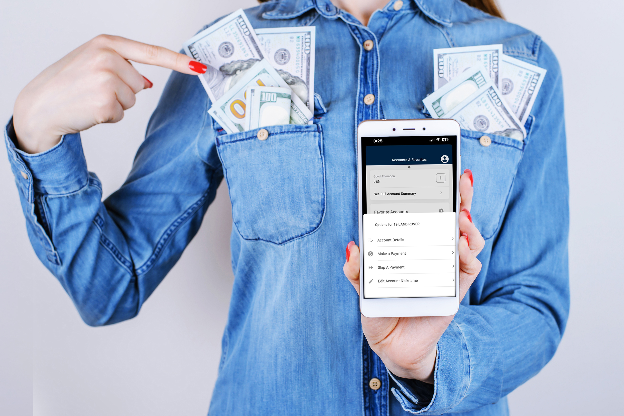 woman with shirt pockets full of US dollars, shows phone screen for Skip-A-Payment service