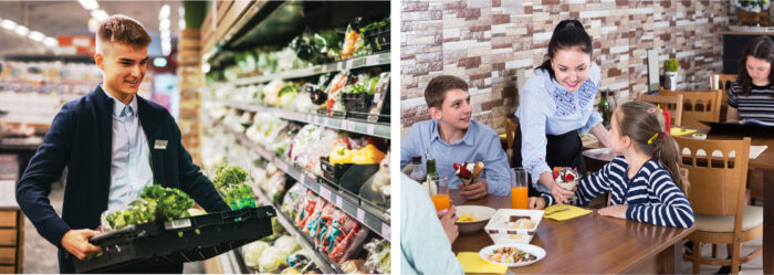 teen worker stocking grocery produce and teen serving table at restaurant